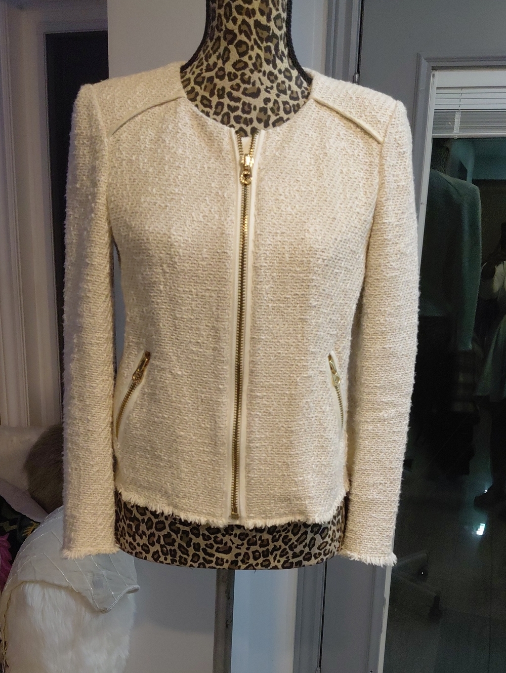 Juicy Couture Cream Bouclé Zip Blazer with Gold Hardware